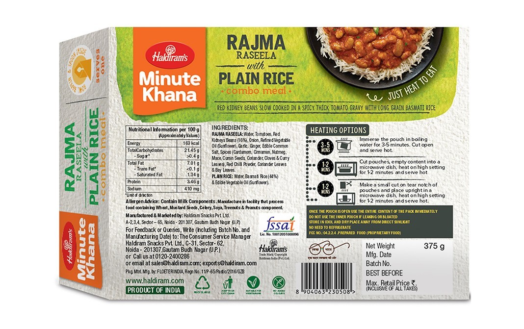 Haldiram's Minute Khana Rajma Raseela With Plain Rice Combo Meal   Box  375 grams
